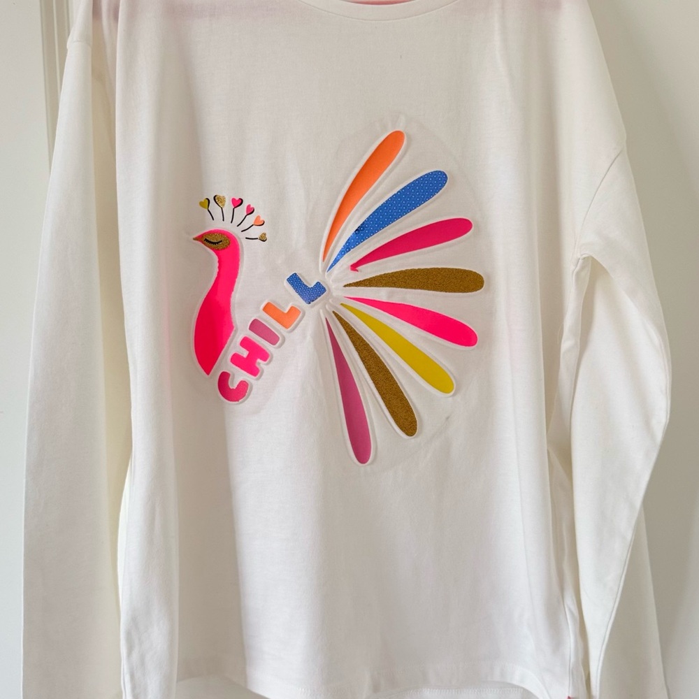 Billieblush White Long Sleeve Tee with Vibrant Peacock Design